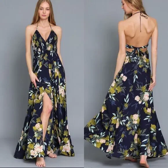 Navy blue floral backless maxi dress vacation smocked halter Easter - Picture 2 of 2